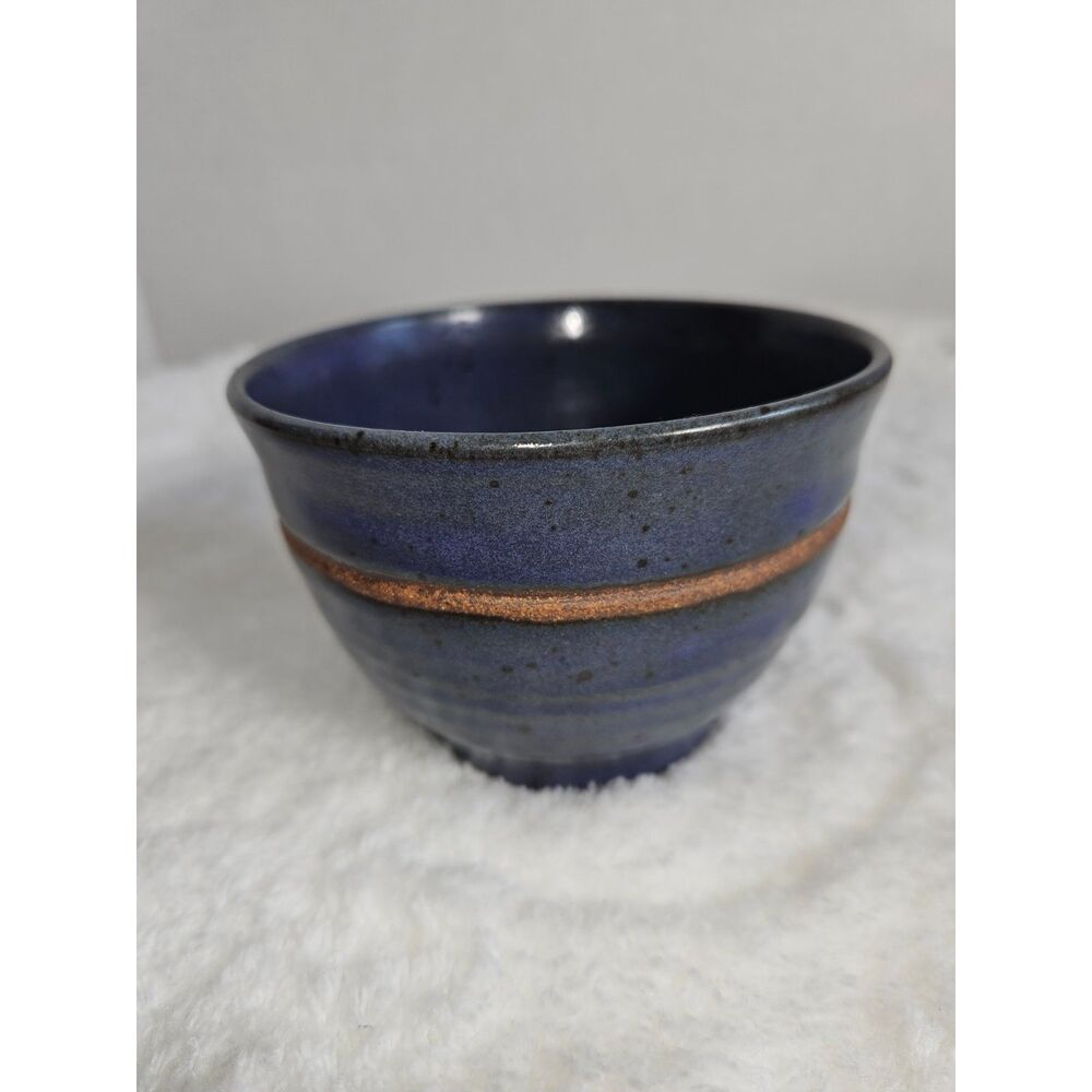 Hand Thrown Cobalt Blue Pottery Bowl Raw Clay Striped Maker Marked XC